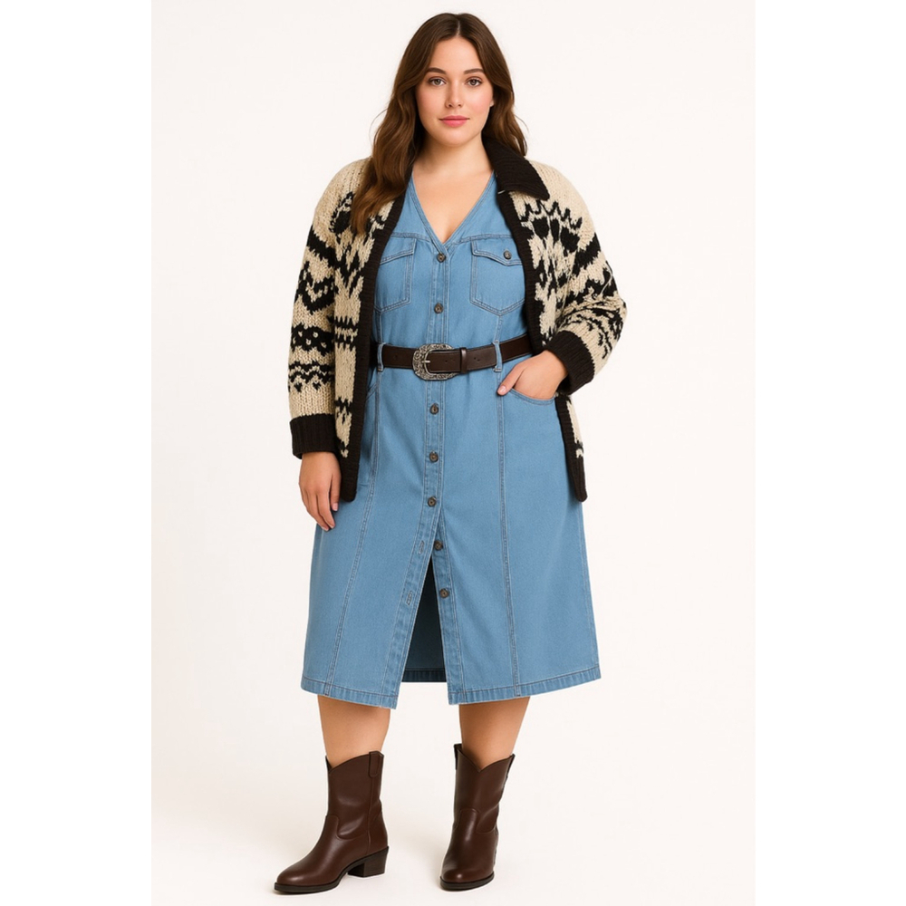 Vintage Light Blue Denim Midi Dress with Dark Brown Belt